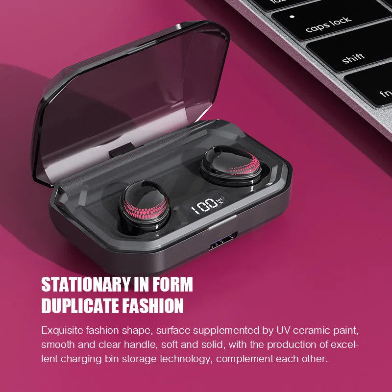Black Bluetooth wireless earbuds with a matching charging case on a white background.