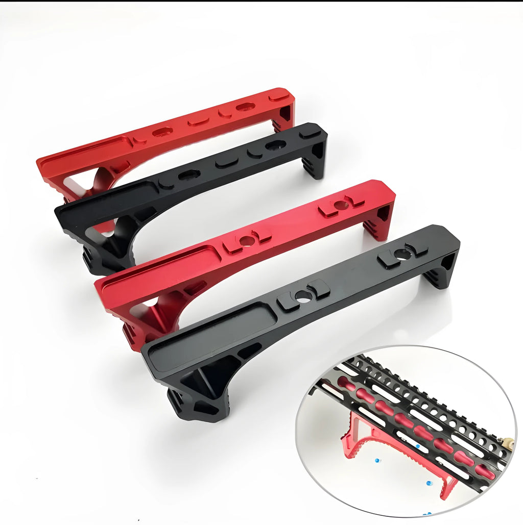 Aluminium hand stop firearm accessory for M-LOK and KEY-MOD rails in red and black colours