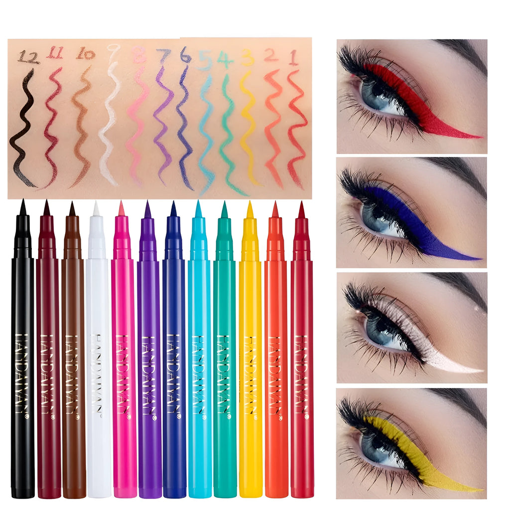 Twelve matte liquid eyeliners in assorted colours, each 1.6g, with fine tip for precise application