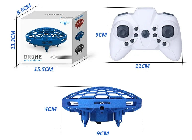 Flying Helicopter Mini Drone UFO RC Drone with infrared sensors and blue flexible guardrail on white background