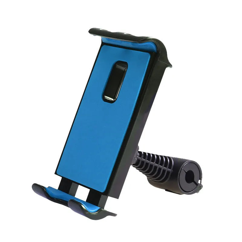 Car headrest mounting bracket holding tablet with 360-degree rotation adjustment