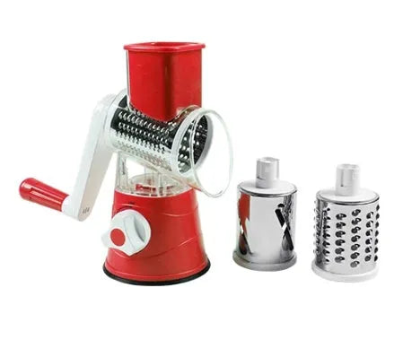 Rotary hand drum grater with stainless steel blades for julienning carrots and potatoes, available in blue, green, or red.