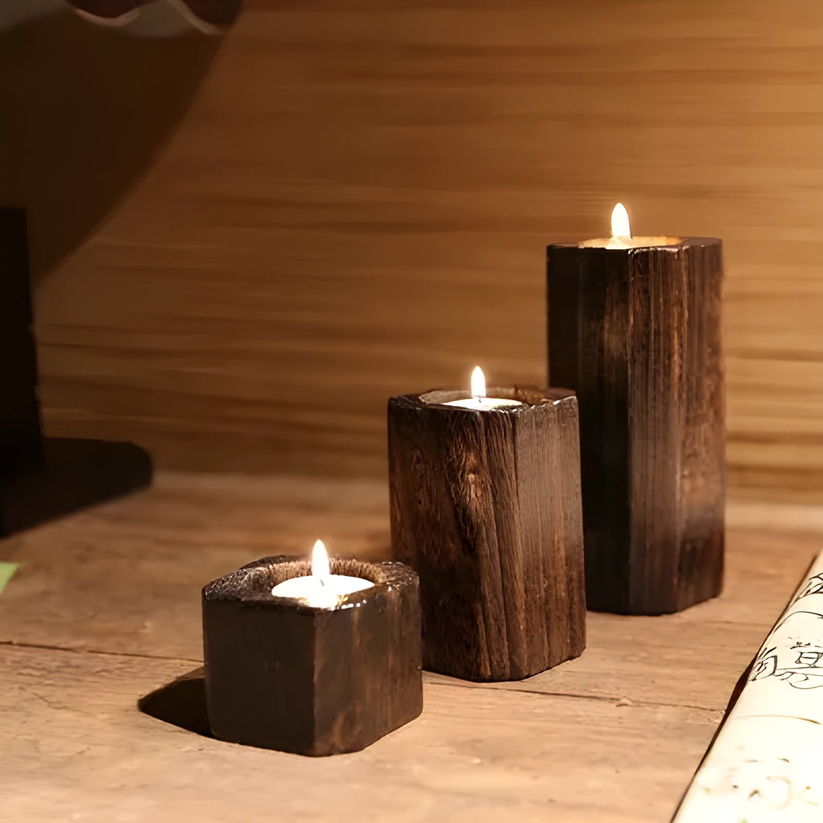 Set of three solid wood candle holders in natural paulownia with charcoal finish, small 5cm, medium 10cm, large 15cm, square top 6x6cm