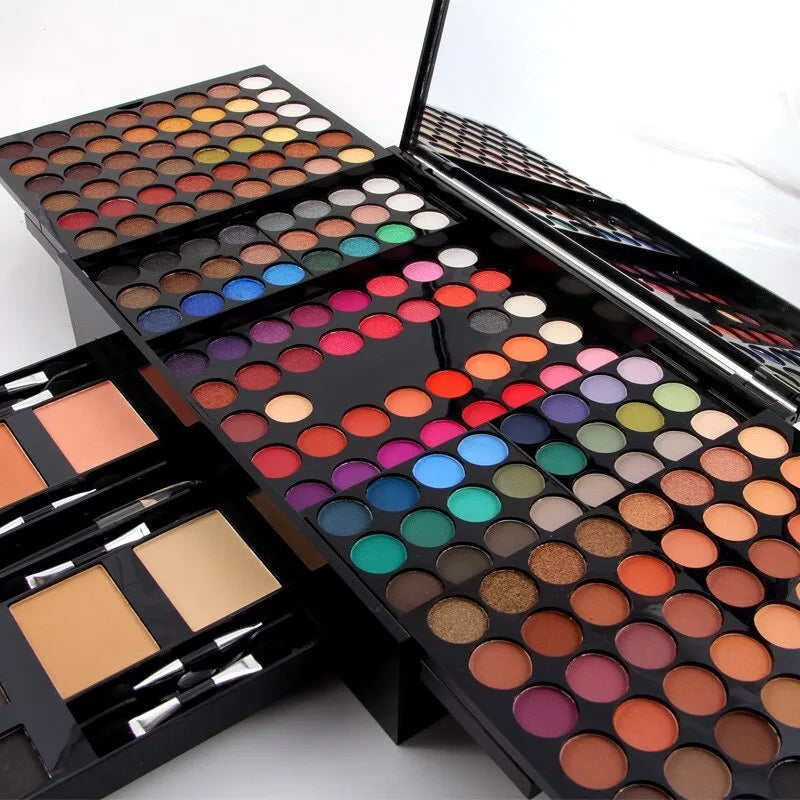 Piano-shaped makeup palette open to show 190 powder pans including eyeshadows, blushes, and face powders