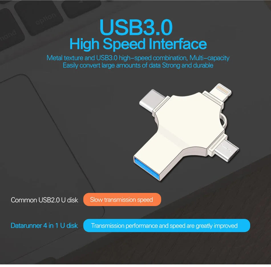 Silver metal 4-in-1 USB 3.0 flash drive with iOS, Micro USB, Type-C, and USB connectors for mobile phone and computer data transfer