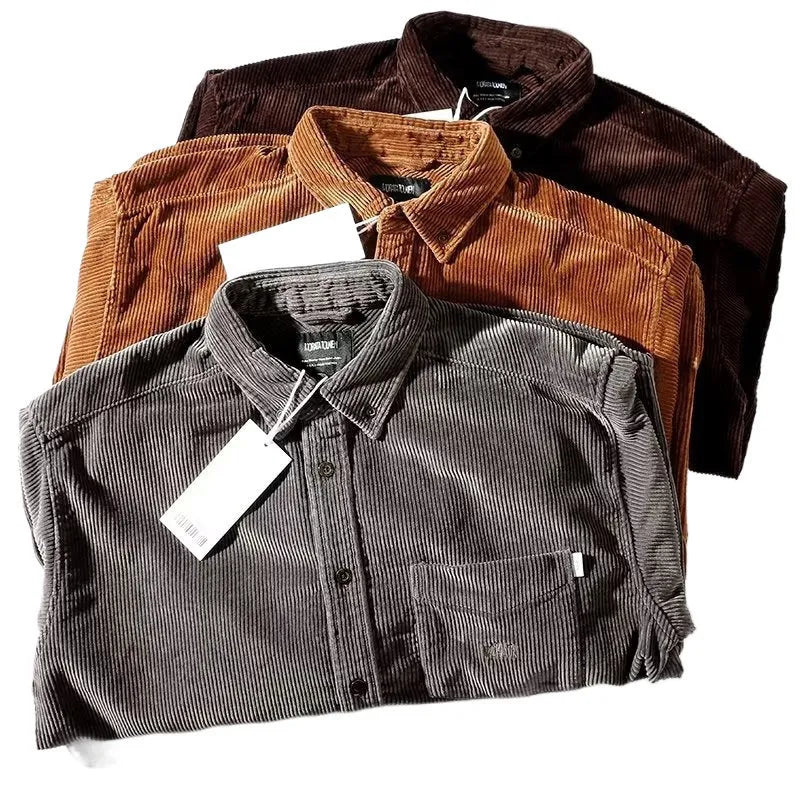 Man wearing a loose caramel corduroy shirt in Japanese Hong Kong style.