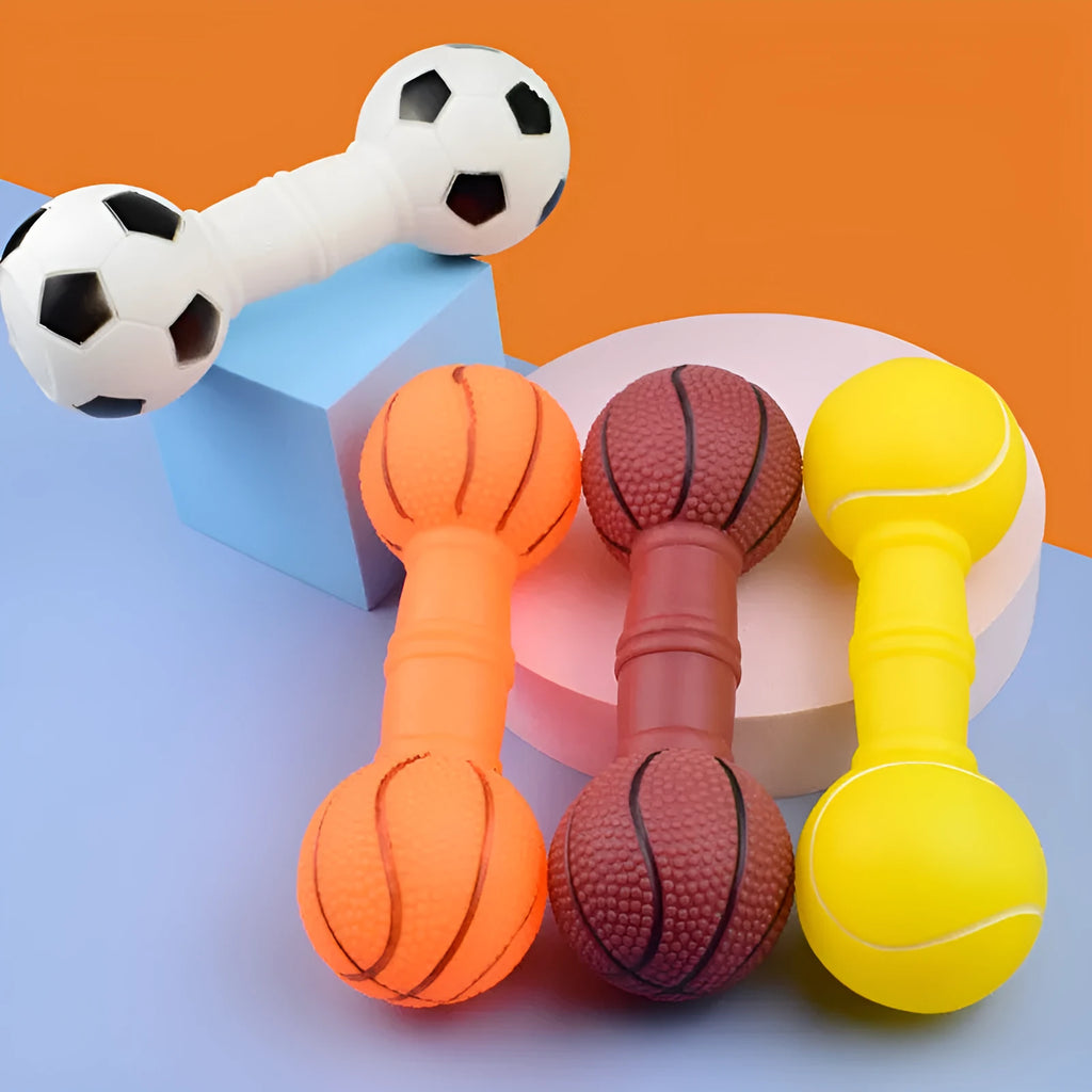 Brown and orange dumbbell-shaped PVC squeaky dog toy for small and medium pets.