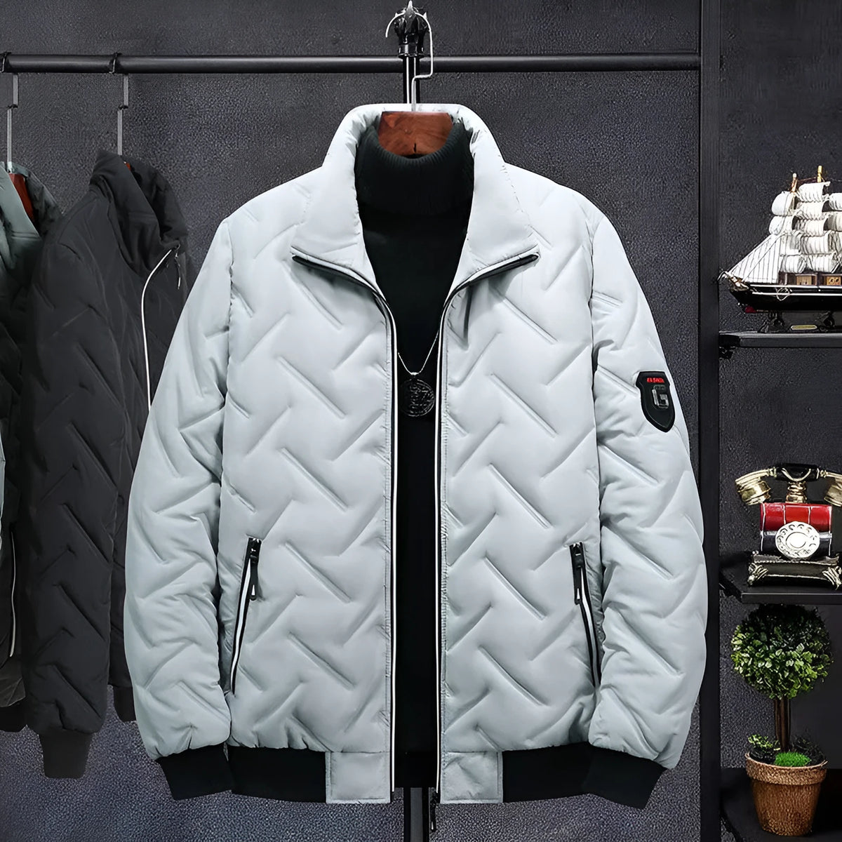 Men's short cotton-padded coat with stand collar, gray, black, bean green, sizes L-5XL