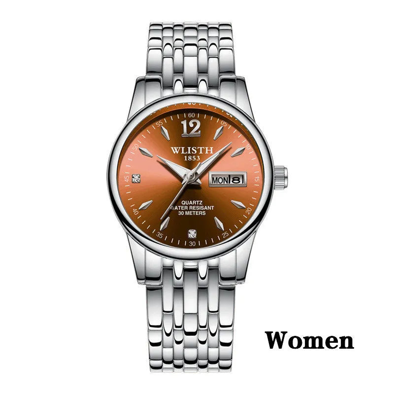 WLISTH women rose gold stainless steel dress watch with 25mm case, luminous hands, and week date display on a light background