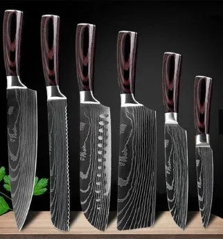 Carpenter's Special kitchen knife with laser Damascus pattern blade and coloured wood handle
