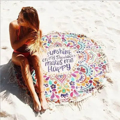 Multifunctional Bohemian beach towel and bikini cover-up in green, pink, feather, happy or gradient purple polyester