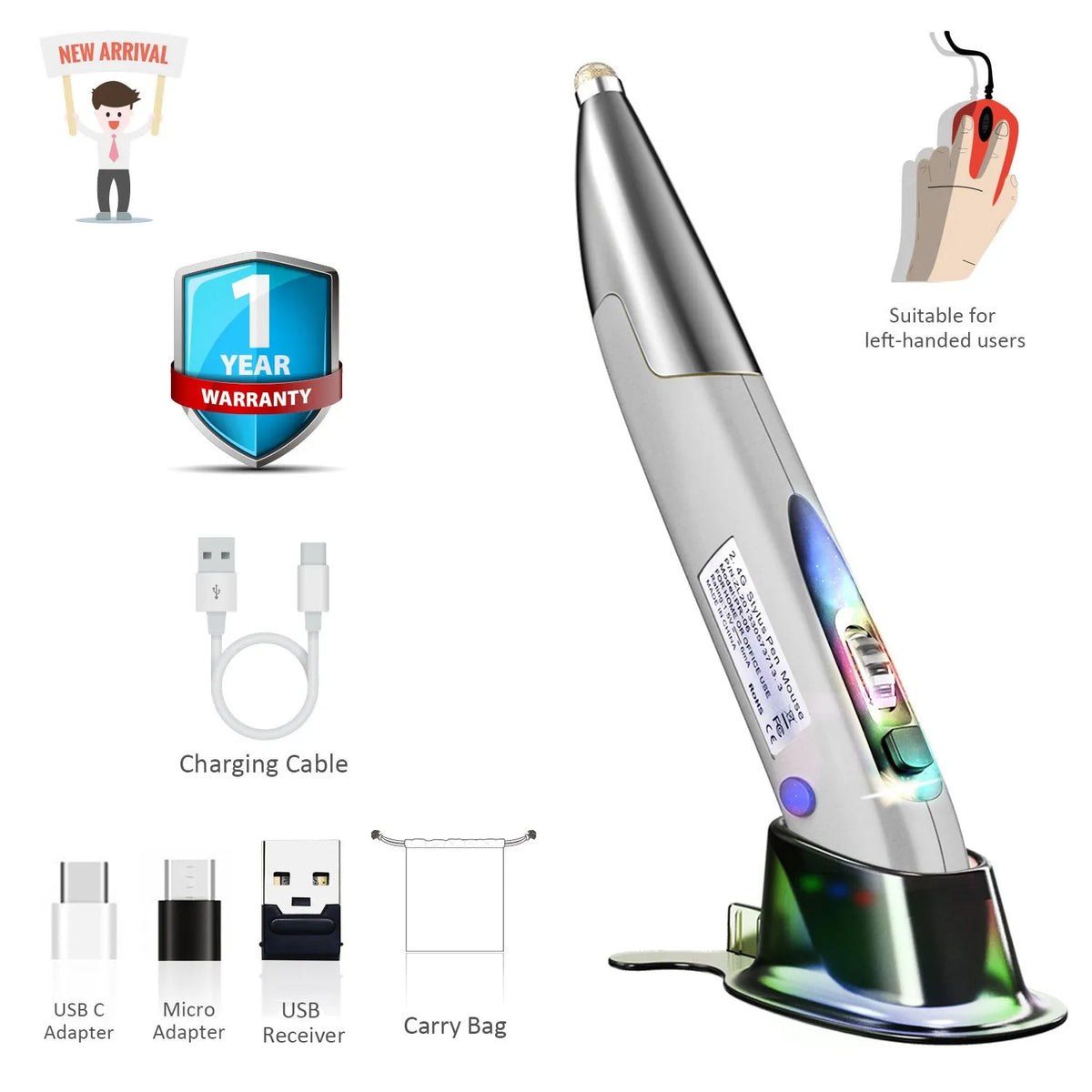 Wireless vertical pen mouse in red, gray or blue, 14cm ABS body with 4 buttons and 2.4GHz USB receiver