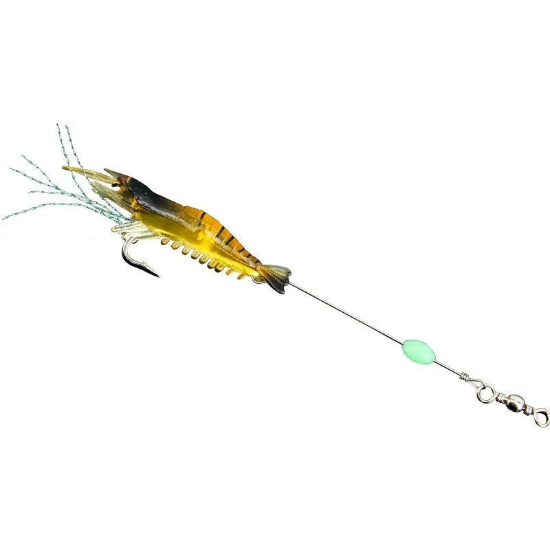 Six soft plastic fishing lures with hooks in various colours including black head yellow body and luminous pink.