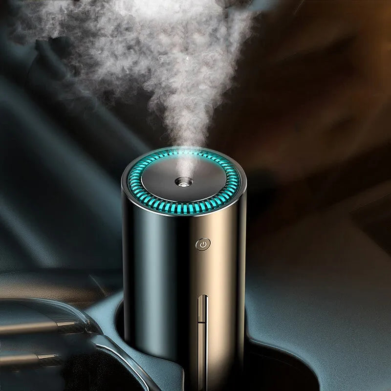 Black aluminium alloy car humidifier and air purifier with USB cable, shown in a vehicle cup holder.