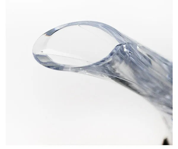 A clear acrylic wine aerator with a stainless steel filter, measuring 16cm long.