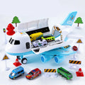 Children's toy plane set with alloy cars and road signs in dark blue light blue yellow and red