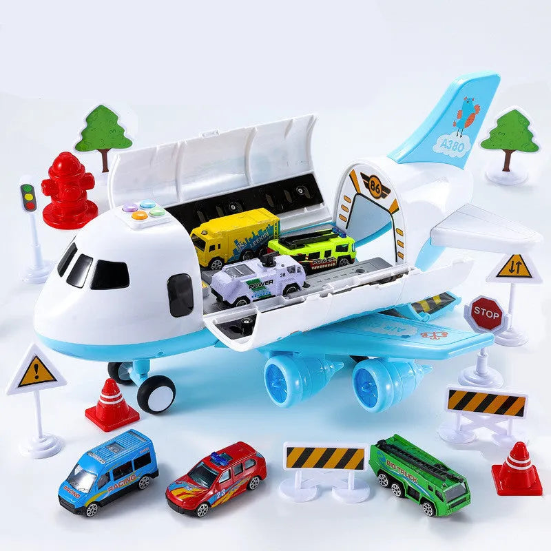 Children's toy plane set with alloy cars and road signs in dark blue light blue yellow and red