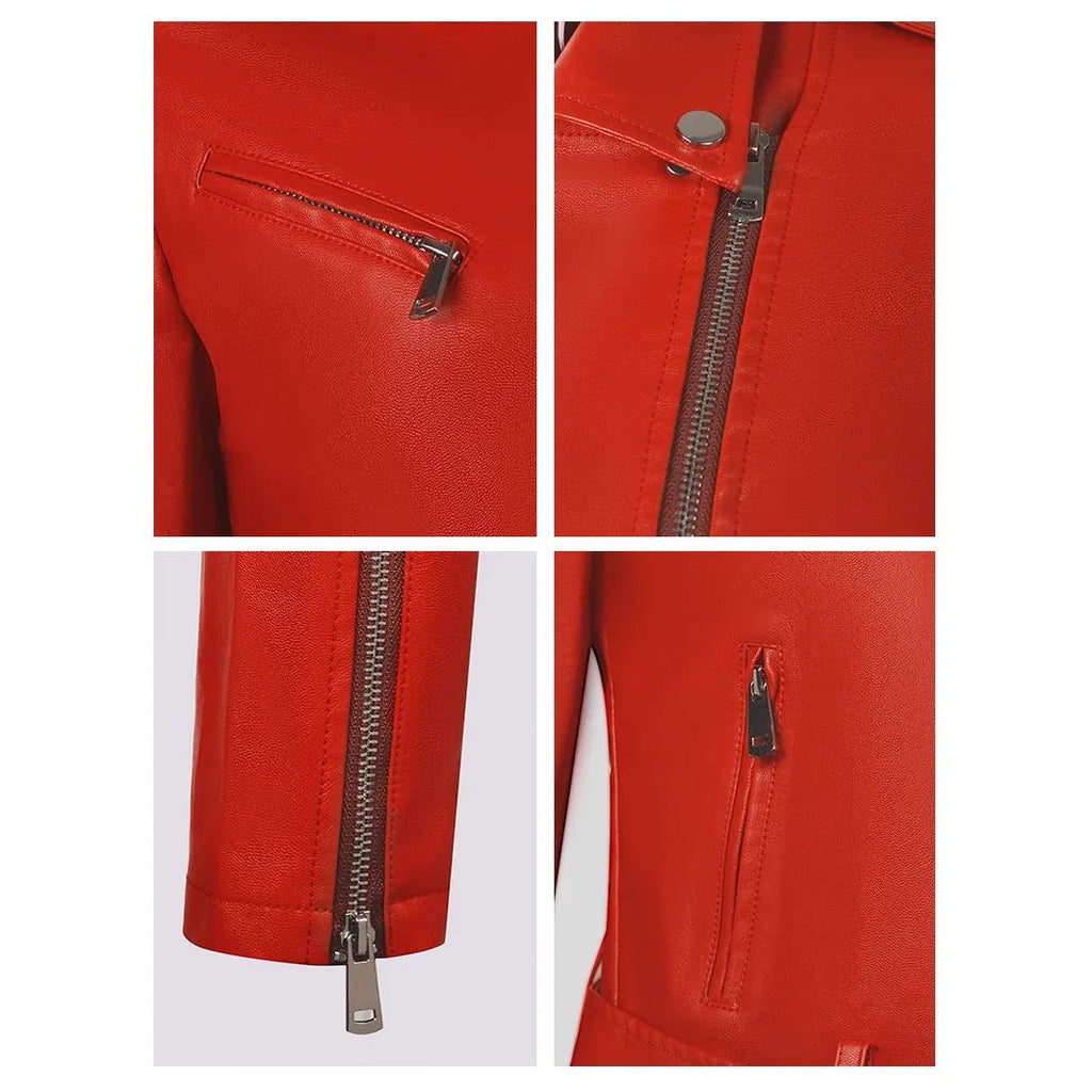 Women's short black PU leather biker jacket with an adjustable waist belt, shown on a model.