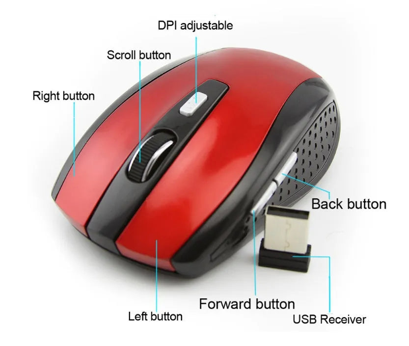 Wireless mouse 100x60x35mm in black, blue, gray, gules or silvery for office and computer use