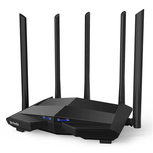 Black AC11 Gigabit wireless router showing four gigabit Ethernet ports on the back.