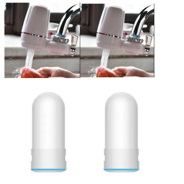 White kitchen faucet water filter with ceramic cartridge and universal thread adapters for tap mounting.