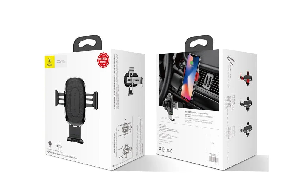 Gravity bracket wireless charging car mount in black for Apple and Samsung phones