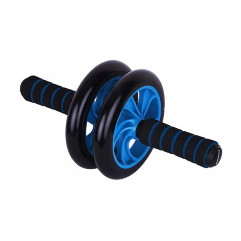 Dark blue double-wheel abdominal roller with sponge grips, push-up support and palm guard, 16.5cm and 14.5cm roller diameters