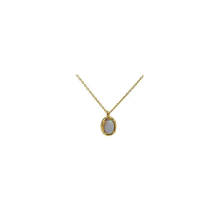Oval jelly opal geometric pendant on a sterling silver chain with gold plating.