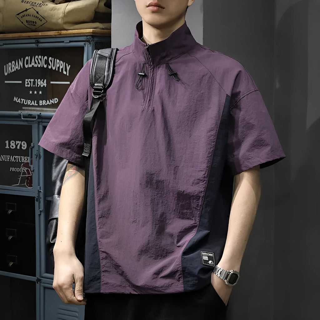 Men's brown ice silk half-zip business casual shirt with a stand collar and short sleeves.
