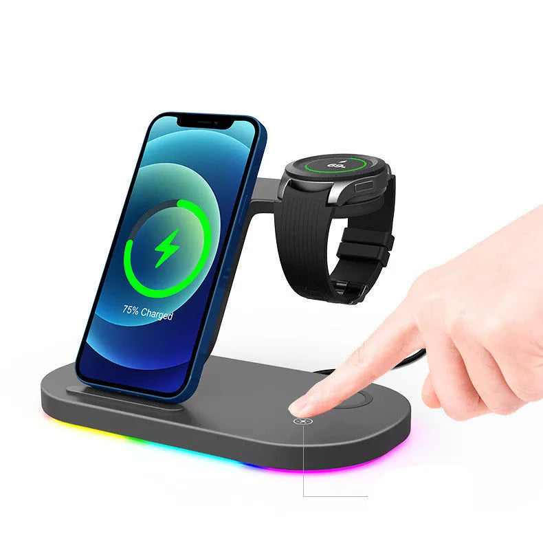 Three-in-one fast wireless charger in black or white for phone, watch, and headphones