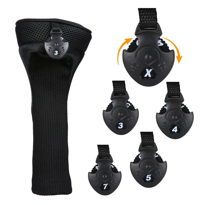 Set of six fabric golf club covers in blue black red and white colour combinations