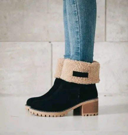 Women's mid-calf suede snow boots with a low flat heel and round toe in various colours.