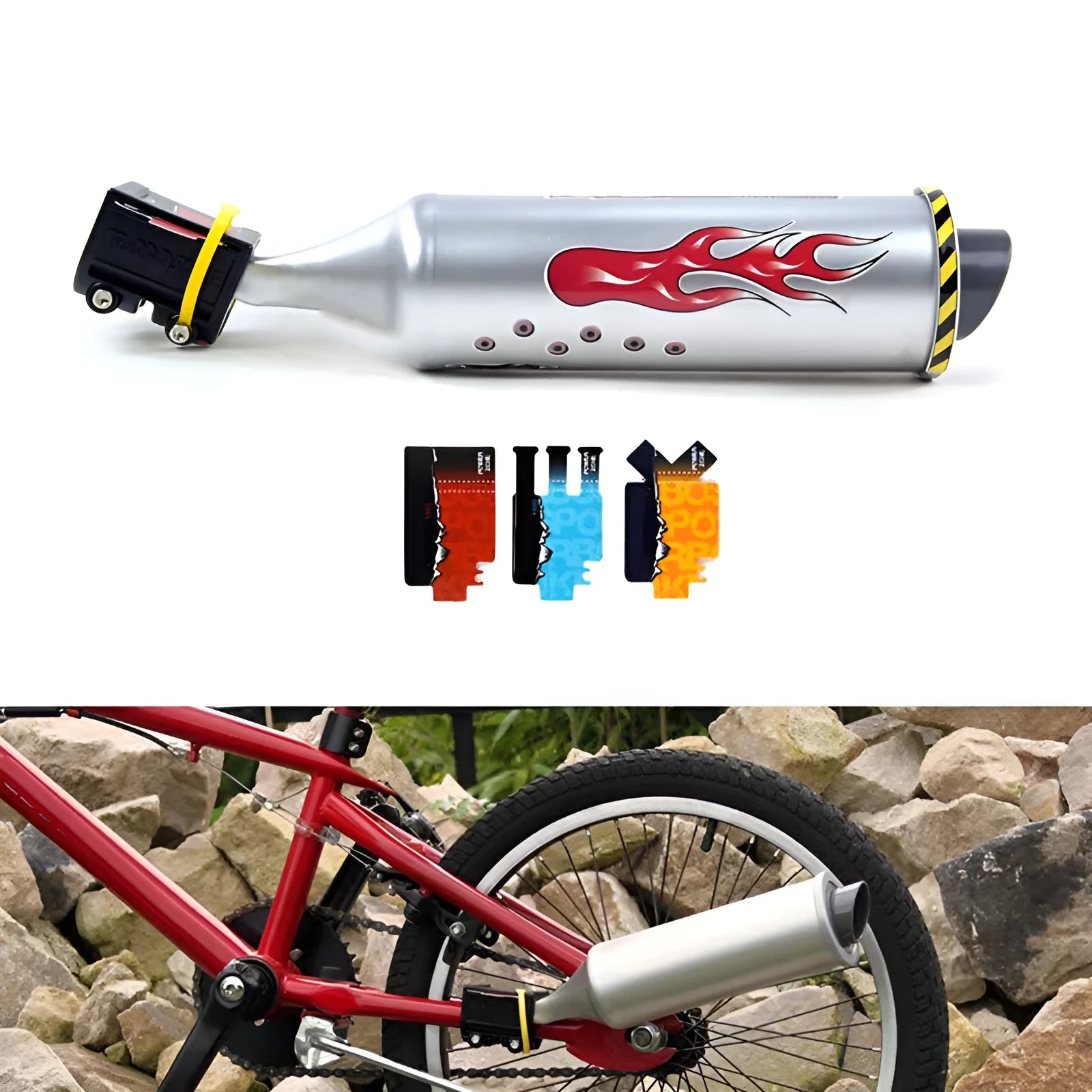 Bicycle turbo sound exhaust pipe in black plastic with six voice cards for motorcycle sound effects