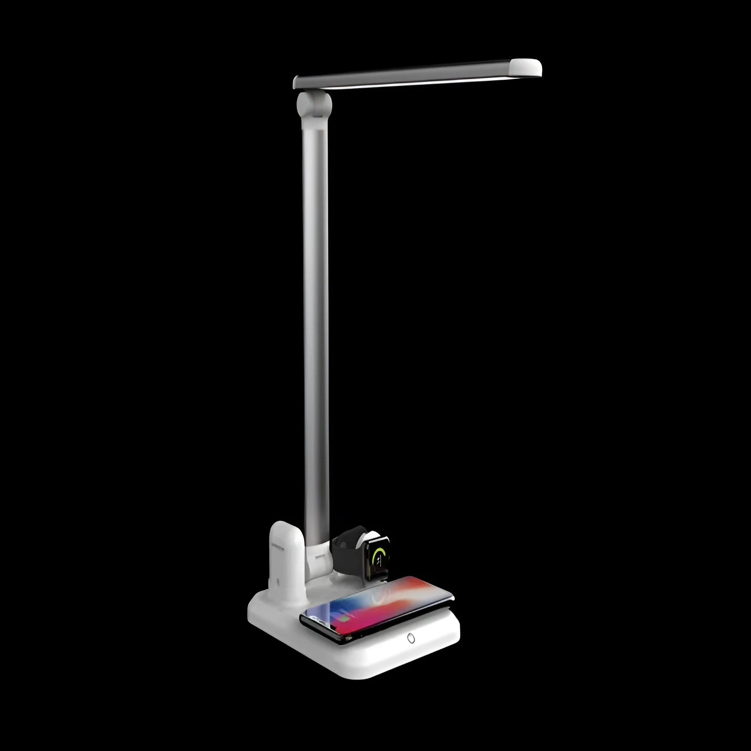 4-in-1 multi-function LED desk lamp with wireless charging pad and Type-C port in black or white