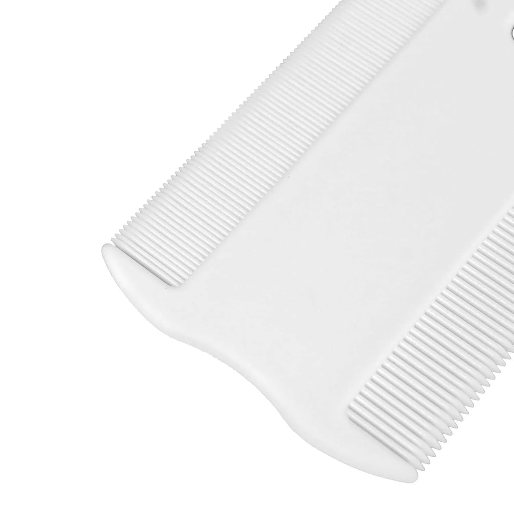 Small white double-sided plastic flea comb for dogs and cats on a blue background.