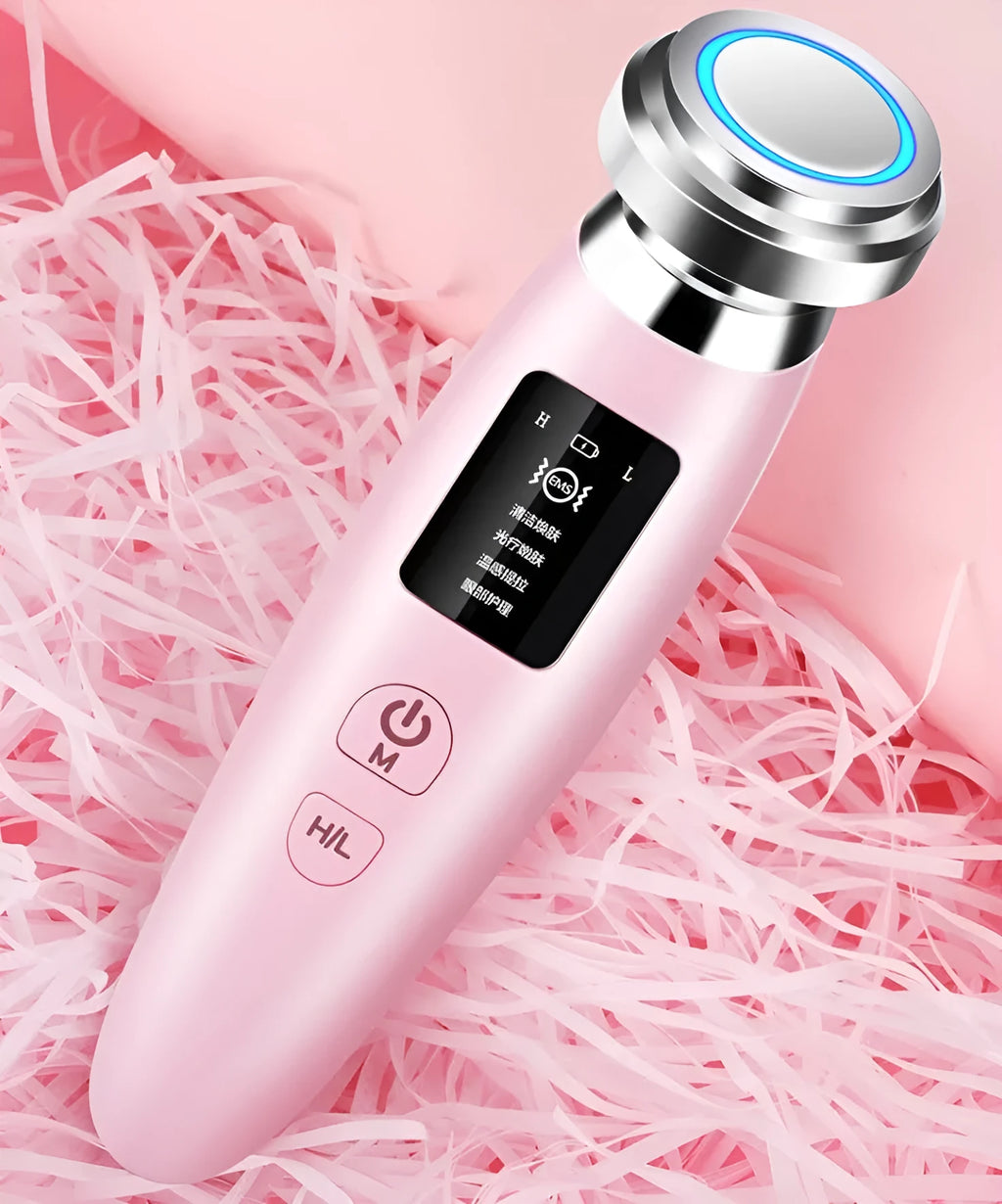 Pink skin rejuvenation instrument handheld facial cleansing beauty device showing dimensions