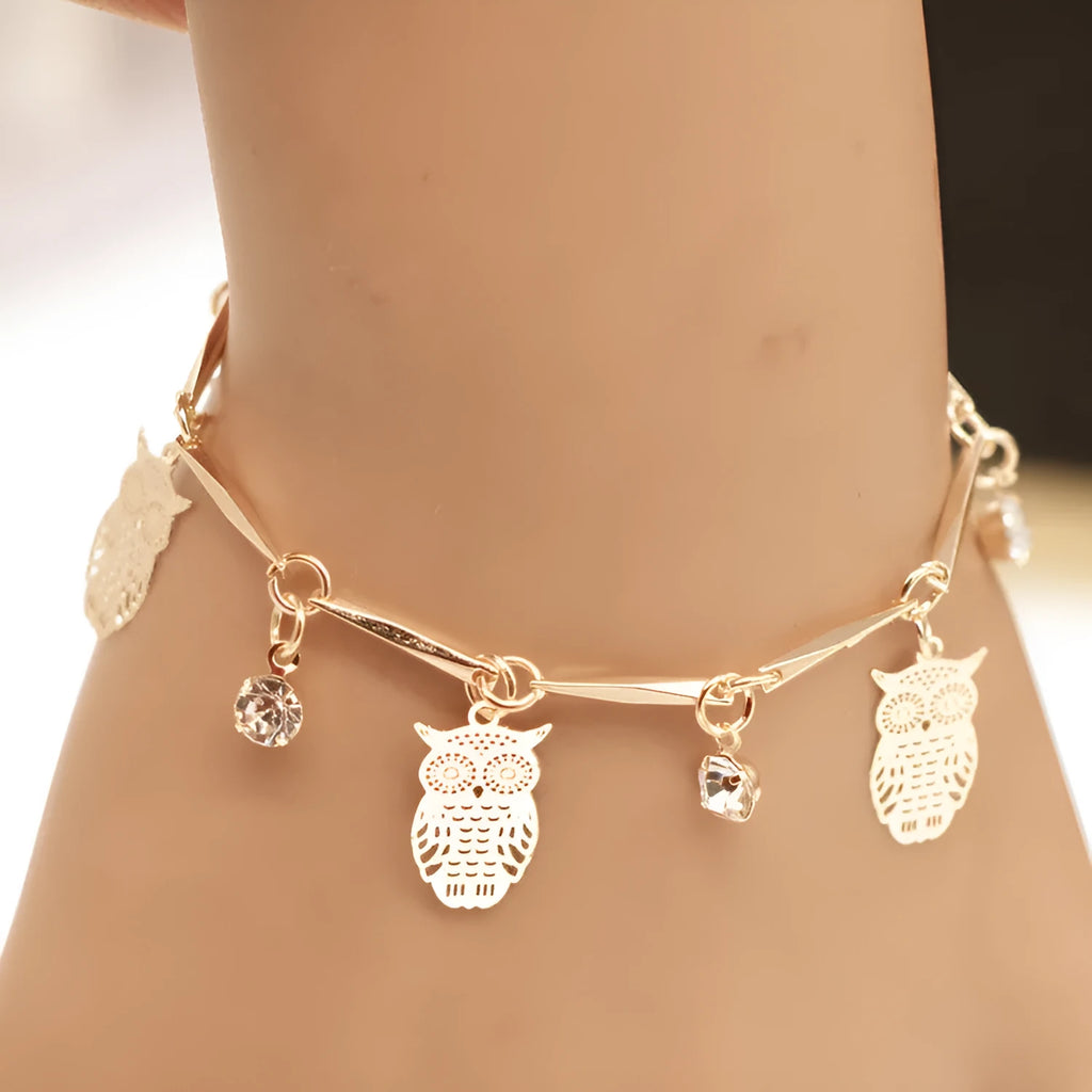 Gold alloy owl tassel bracelet with 20cm chain and 5cm extension, ethnic style jewellery