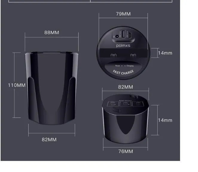 Black X9 car wireless charging cup and stand with Qi logo, showing USB and Type-C ports.