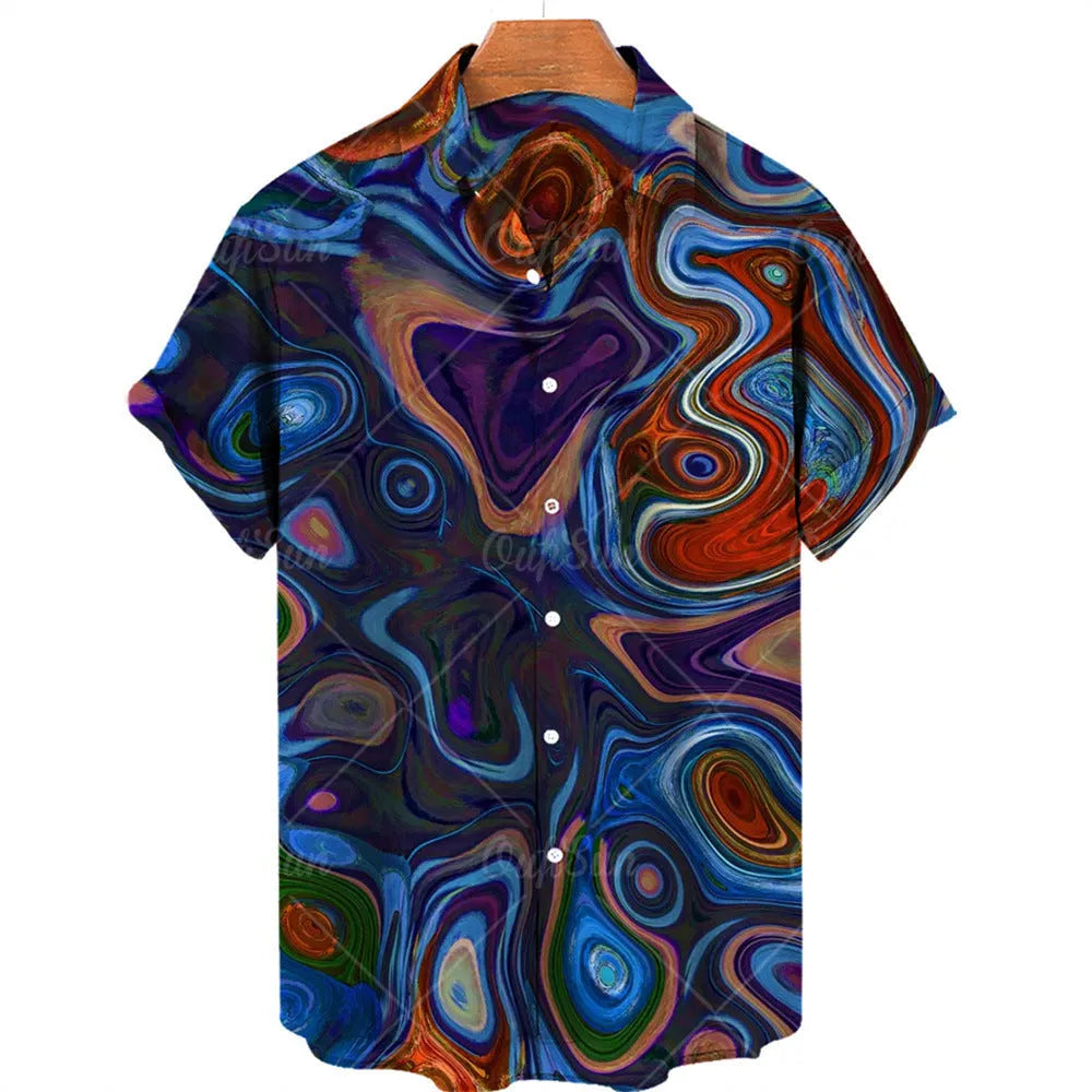 Plus size men's Hawaiian shirt with floral digital print, short sleeves, lapel collar, loose fit, polyester.