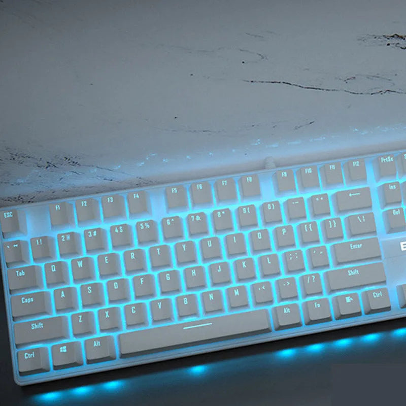 Pink full-size mechanical keyboard with 104 keys and USB cable.