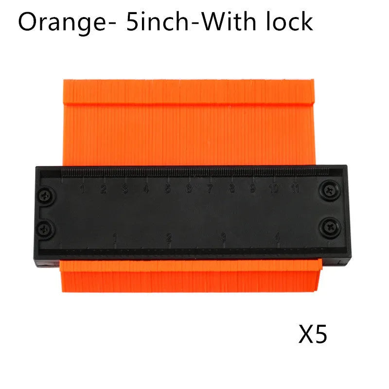 5 and 10 inch orange plastic contour gauge with teeth for copying shapes, on a tile surface