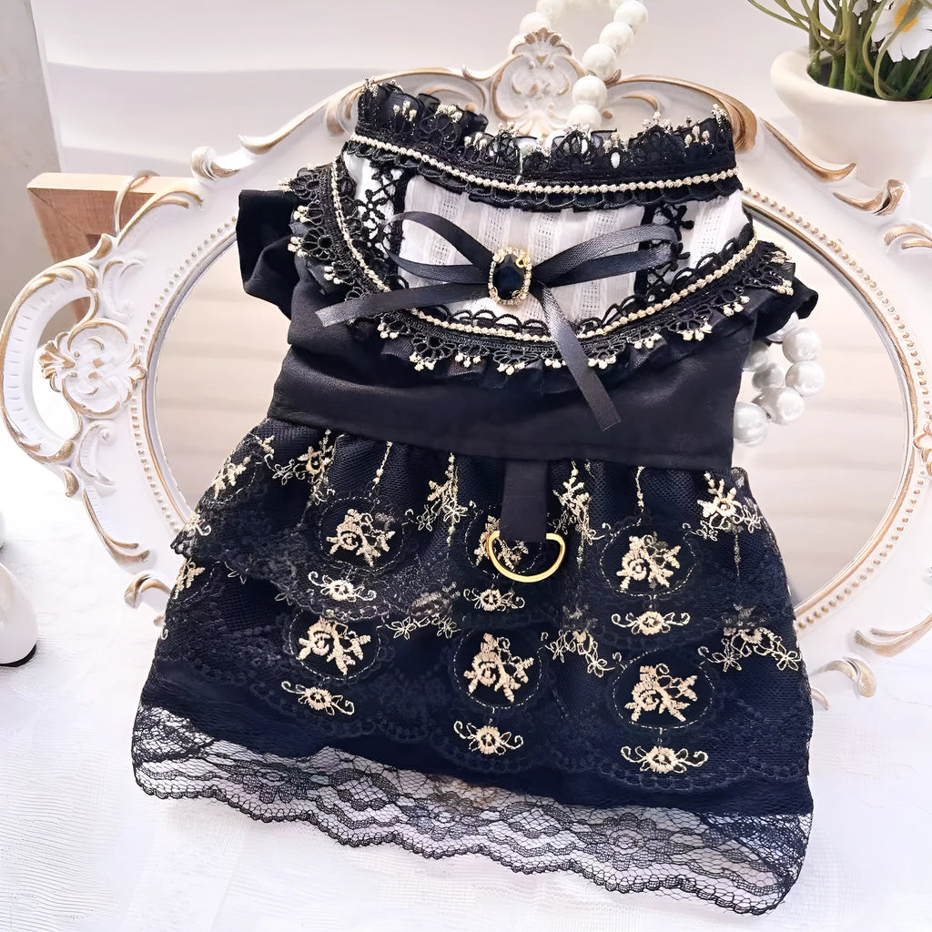 Golden Gothic-style princess skirt costume on a small dog, showing detailed sizing for pet clothing.