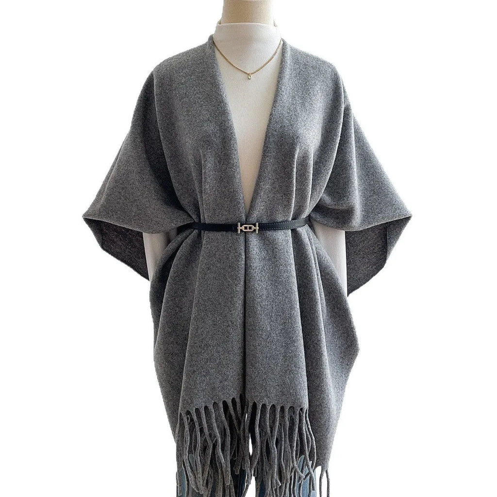 Solid colour jacquard imitation cashmere cloak robe in khaki light, 170x110cm warm outerwear