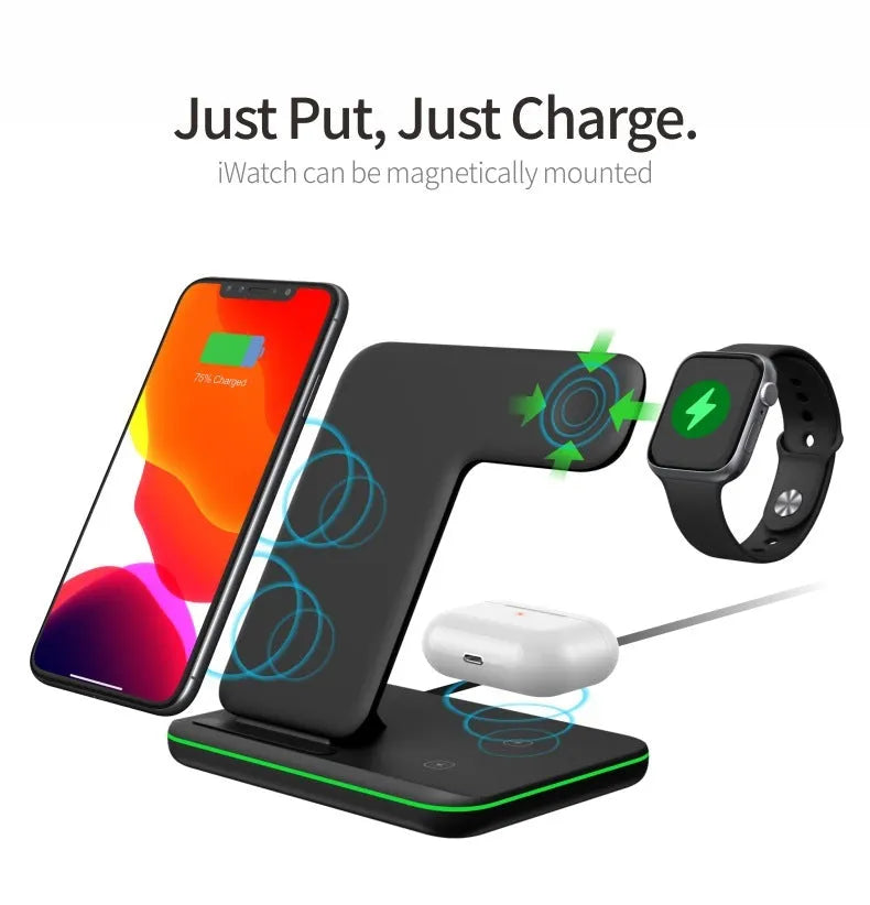 White three-in-one wireless charging station for phone, watch and headset on desktop