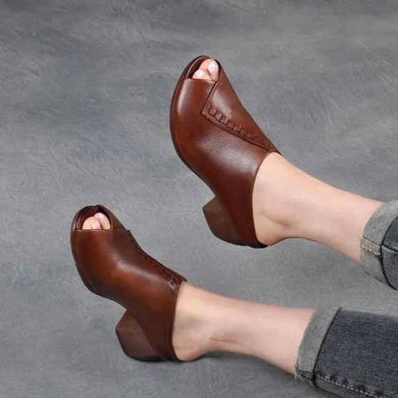 Women's black square heel peep-toe sandals with open fish-mouth design and a rubber sole.
