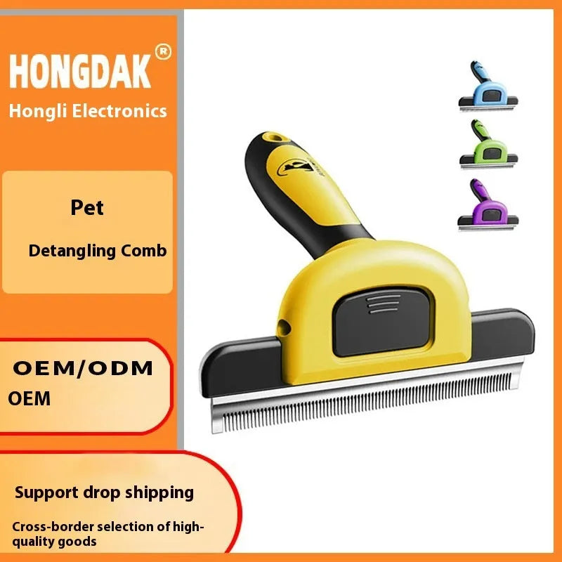 Blue and yellow dog grooming comb with stainless steel teeth for hair removal and knot untying