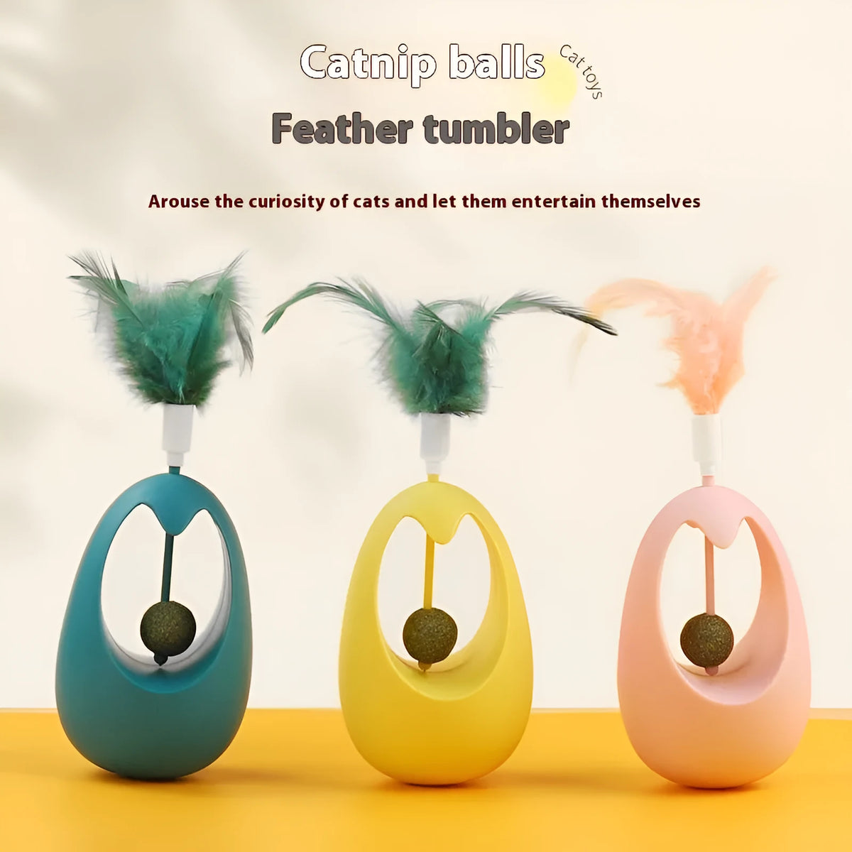 Catnip ball tumbler cat teaser toy with molar ball, 7x7x11cm PP, in mint ink blue, mint durian yellow, or cherry blossom pink