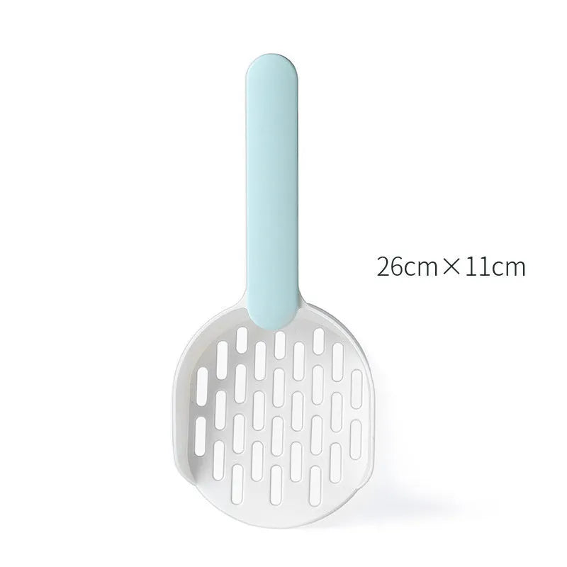 Blue plastic cat litter shovel for cleaning litter boxes, showing dimensions and scoop design.