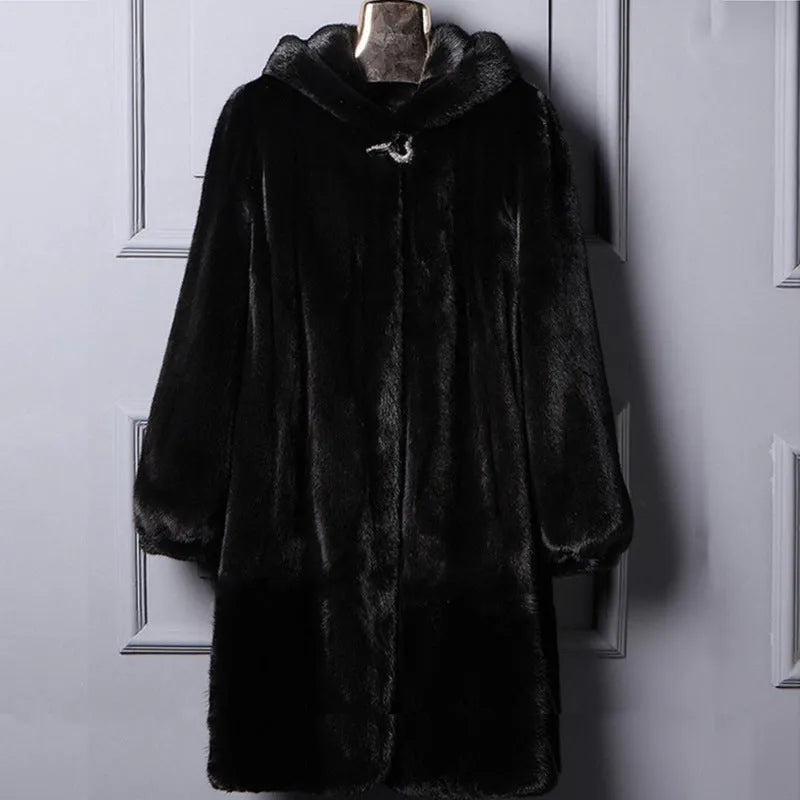 Women's long black faux fur hooded coat for winter street fashion.