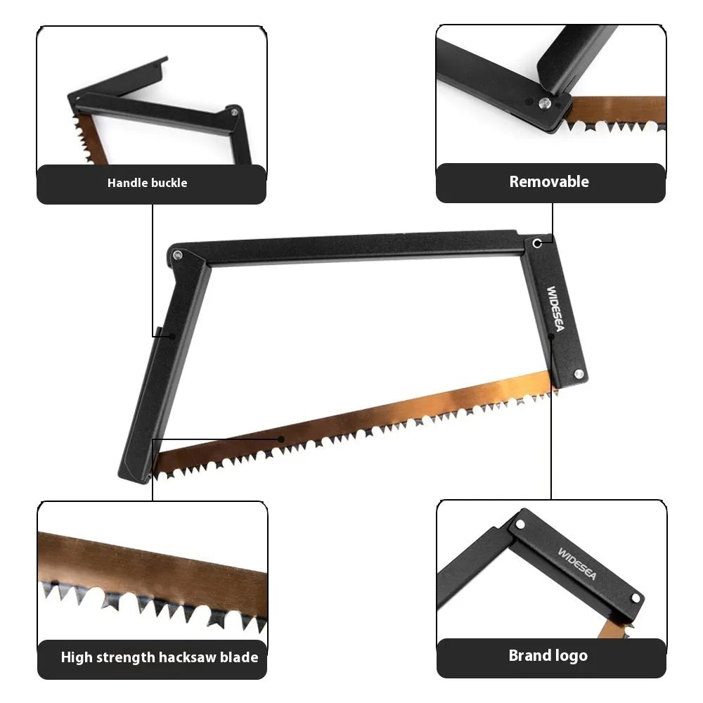 Black foldable outdoor survival saw with aluminium and nylon frame, showing folded design.